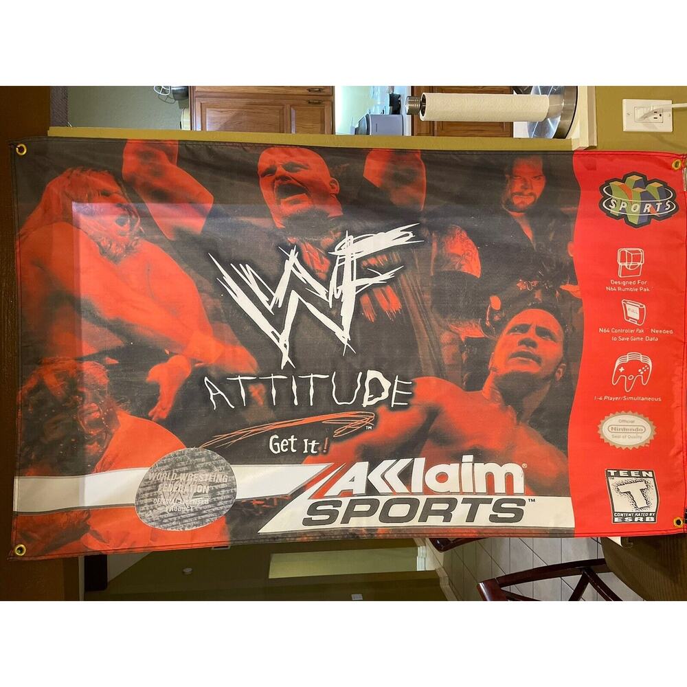 WWF Attitude Get It Nintendo N64 5ft Flag Banner Poster 1999 64 WWE Stone Cold